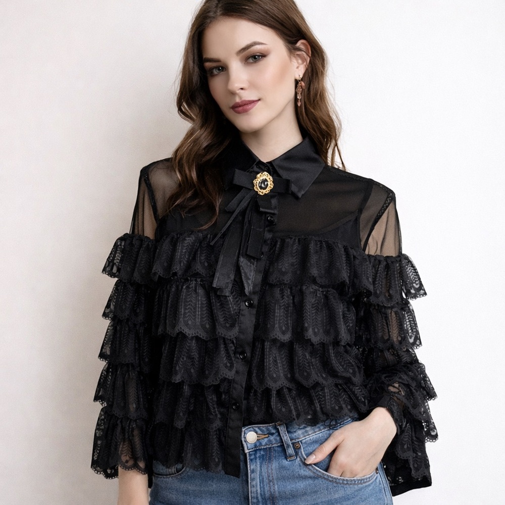 🖤Victorian Gothic Lace Ruffle Blouse | Sheer Black Romantic Tiered Top Size M